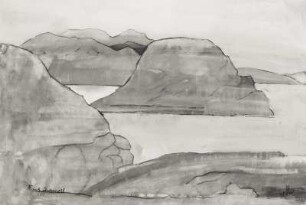 Konstruktive Gebirgslandschaft mit See und Insel (Schottland)