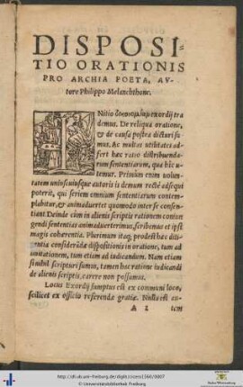 Dispositio Orationis Pro Archia Poeta Autore Philippo Melanchthone