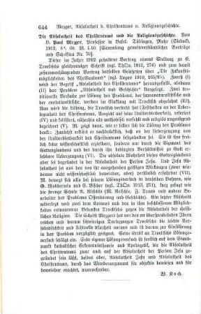644 [Rezension] Mezger, Paul, Die Absolutheit des Christentums und die Religionsgeschichte