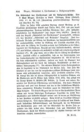 644 [Rezension] Mezger, Paul, Die Absolutheit des Christentums und die Religionsgeschichte