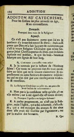 Addition au Catechisme, pour les Enfans les plus avancéz en âge, & en connoissance.