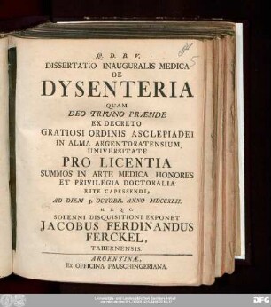 Dissertatio Inauguralis Medica De Dysenteria