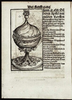 Reliquien der Stiftskirche Wittenberg : Reliquien der Stiftskirche Wittenberg (dis heiligthums .. Der funfft gang zum IX. Ein Tilbereb Apffel mit gulden Reyffen...) Blatt 25 verso aus: Dye zaigung des hochlobwirdigen hailigthums der Stifftkirchen aller hailigen zu wittenburg. 1509. Dresden: SLUB S.B.1034