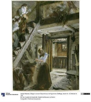 Stiege in einem Bauernhaus mit figürlicher Staffage