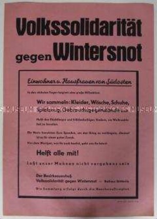 Maueranschlag der Volkssolidarität Leipzig mit einem Aufruf zu Solidarität und Spenden gegen die Wintersnot
