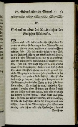 IV. Gedanken über die Sittenlehre der Stoischen Weltweisen.