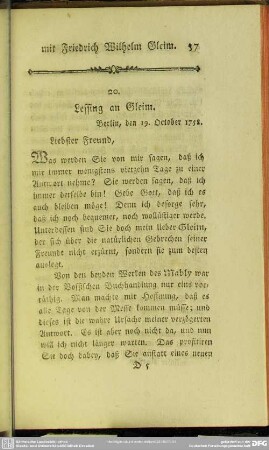 20. Lessing an Gleim. Berlin, den 19. October 1758