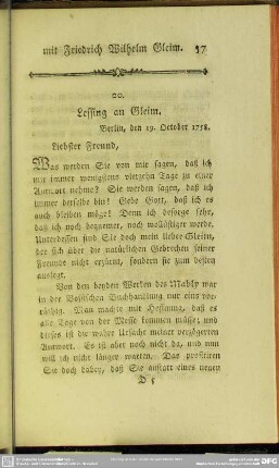 20. Lessing an Gleim. Berlin, den 19. October 1758