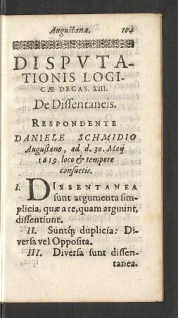 Disputationis Logicae Decas. XIII. De Dissentaneis.