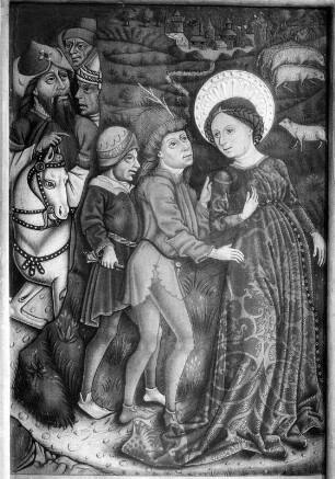 Margaretenaltar : Margaretenaltar. Holz, geschnitzt, gefaßt, bemalt (um 1460). Flügel mit Begegnung der heiligen Margaretha mit dem Praefekten Olybrius. Sankt Georgen ob Murau-Bodendorf, Filialkirche Sankt Cäcilia