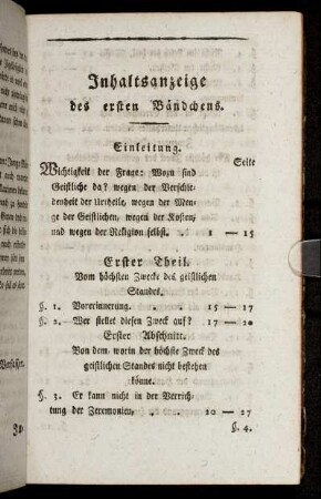 Inhaltsanzeige des ersten Bändchens.