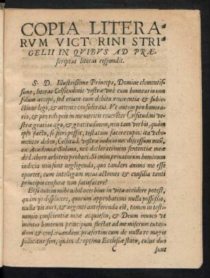 Copia Literarum Victorini Strigelii In Quibus Ad Praescriptas literas respondit.