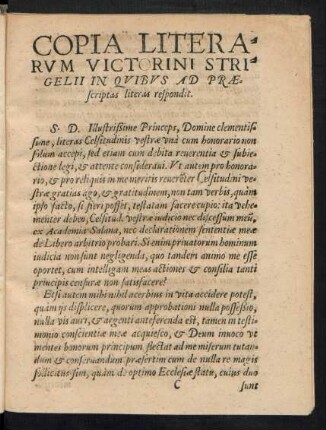 Copia Literarum Victorini Strigelii In Quibus Ad Praescriptas literas respondit.