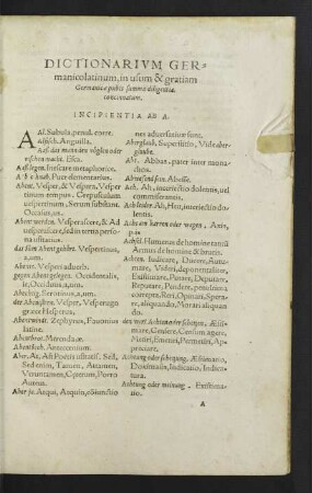 Dictionarium Germanicolatinum, in usum & gratiam Germanicae pubis summa diligentia. concinnatum.