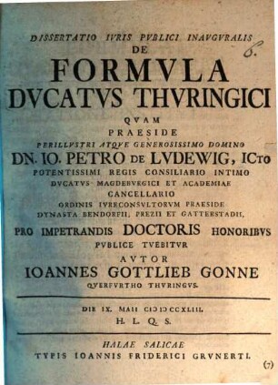 Dissertatio Ivris Pvblici Inavgvralis De Formvla Dvcatvs Thvringici