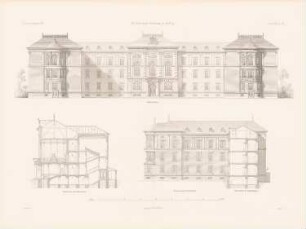 St. Gertraudt-Stiftung, Berlin: Ansicht von der Hauptseite, Seitenansicht, Schnitt durch den Mittelbau (aus: Atlas zur Zeitschrift für Bauwesen, hrsg. v. G. Erbkam, Jg. 23, 1873)