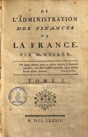 De l'administration des Finances de la France, 1