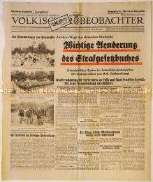 Titelblatt der Tageszeitung "Völkischer Beobachter" zur Änderung des Strafrechts