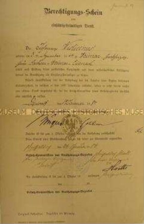 Berechtigungsschein zum Einjährig-Freiwilligen Militärdienst für Johannes Wislicenus, mit Vermerken über Nichttauglichkeit; Düsseldorf. 12. Jan. 1884