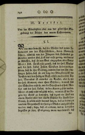 IV. Artikel. Von der Göttlichkeit oder von der göttlichen Eingebung der Bücher des neuen Testamentes.