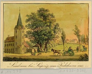 Lindenau westlich von Leipzig (Leipzig-Lindenau) mit dem Kuhturm, Ausschnitt aus Wagners Bilderbogen bei Lenz um 1830
