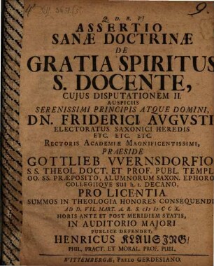 Assertio Sanae Doctrinae De Gratia Spiritus S. Docente : Cujus Disputationem II.
