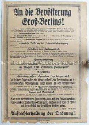 Maueranschlag mit der Bekanntmachung von Maßnahmen der Reichsregierung zur Wirtschaftskonsolidierung und dem Aufruf zu Ruhe und Ordnung