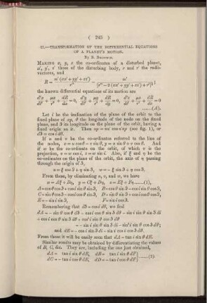 II. Transformation of the differential equations of a Planet's motion.