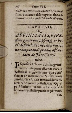 Caput VII. De Affinitatis, Eiusdem generum, ipsiusq[ue] arboris definitione, nec non ratione computandi gradus affinitatis de Iure Canonico