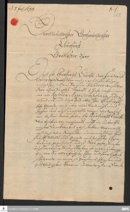 Brief von [Joachim Just Breithaupt] und der Professoren der Universität Halle [darunter August Hermann Francke] an Friedrich III., Kurfürst von Brandenburg.
