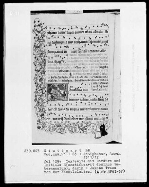 Antiphonarium (Benediktinerhandschrift) — Textseite mit historisierter Initiale und einem Stifter in der Bordüre, Folio 129verso