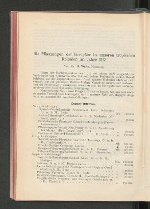 Die Pflanzungen der Europäer in unseren tropischen Kolonien im Jahre 1912.