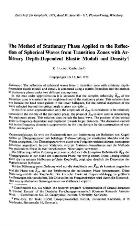 The method of stationary phase applied to the reflection of spherical waves from transition zones with arbitrary depth-dependent elastic moduli and density