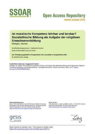 Ist moralische Kompetenz lehrbar und lernbar? Sozialethische Bildung als Aufgabe der religiösen Erwachsenenbildung