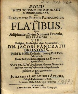 Aeolus Microcosmo Commodans & Incommodans, sive Disquisitio Physico-Pathologica De Flatibus