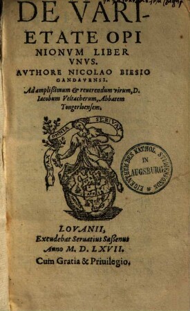 De Varietate Opinionvm : Liber Vnvs
