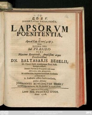 Dissertatio Theologica, De Lapsorum Poenitentia, ex Apocal. Cap. II. vers. 4. & 5.