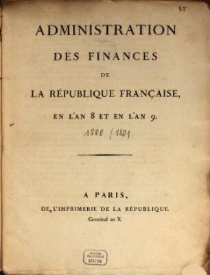 Administration des Finances de l'Empire Français. 1800/01