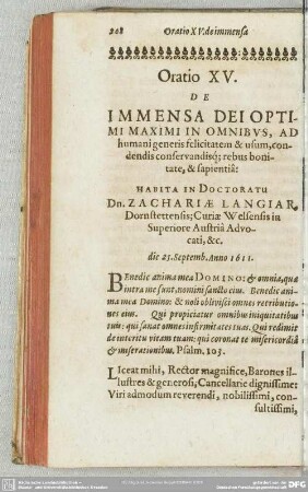 Oratio XV. De Immensa Dei Optimi Maximi In Omnibus, Ad humani generis felicitatem & usum, condendis conservandisq[ue] rebus bonitate, & sapientiâ