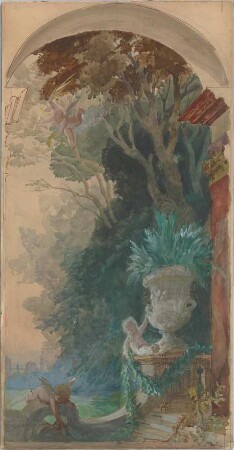 Thiersch, Friedrich von; München; Justizpalast - Treppenaufgang mit Vase u. Putten (Perspektive)