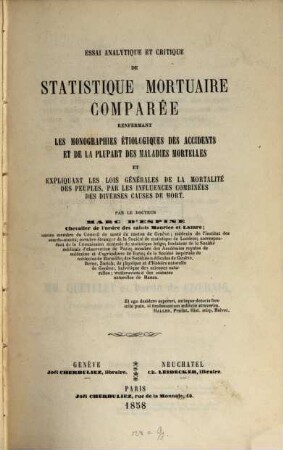 Essai analytique et critique de statistique mortuaire comparée