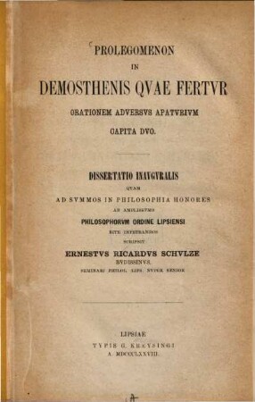Prolegomenon in Demosthenis quae fertur orationem adversus apaturium capita duo