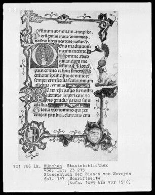 Stundenbuch der Bianca von Savoyen — Initiale D (eus) mit Rahmung der Seite, Folio 157 recto