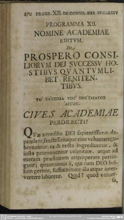 Programma XII. Nomine Academiae Editum. De Prospero Consiliprum Dei Successu Hostibus Quantumlibet Renitentibus