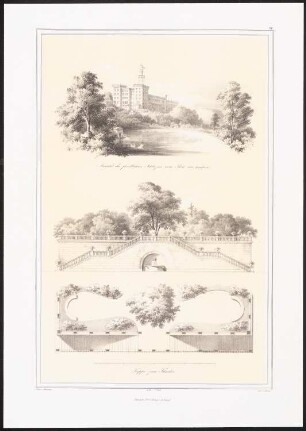 Fürstlicher Park, Sondershausen: Ansicht von der Parkseite, Grundriss, Ansicht Theatertreppe (aus: Architektonisches Album, Bd. 1, H.6, hrsg.v. Stüler, Knoblauch, Salzenberg, Strack, Runge, 1840)