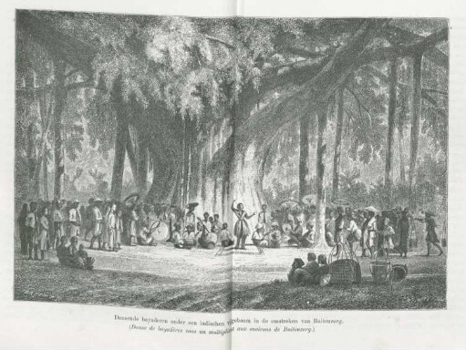 Dansende bayaderen onder een indischen vijgeboom in de omstreken van Buitenzorg