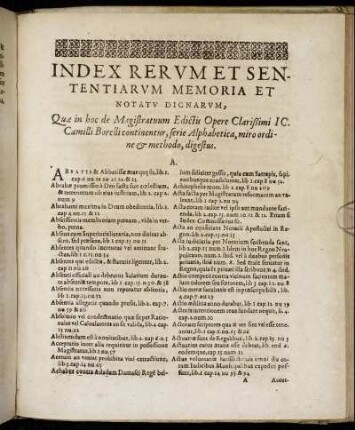 Index Rerum Et Sententiarum Memoria Et Notatu Dignarum [...]
