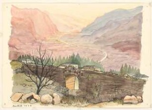 Skizzen: Blick auf Cognola mit Gebirge im Hintergrund