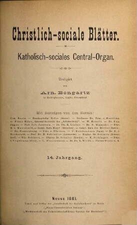 Christlich-sociale Blätter : katholisch-sociales Central-Organ. 14. 1881
