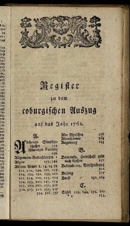 Register zu dem coburgischen Auszug auf das Jahr 1762.